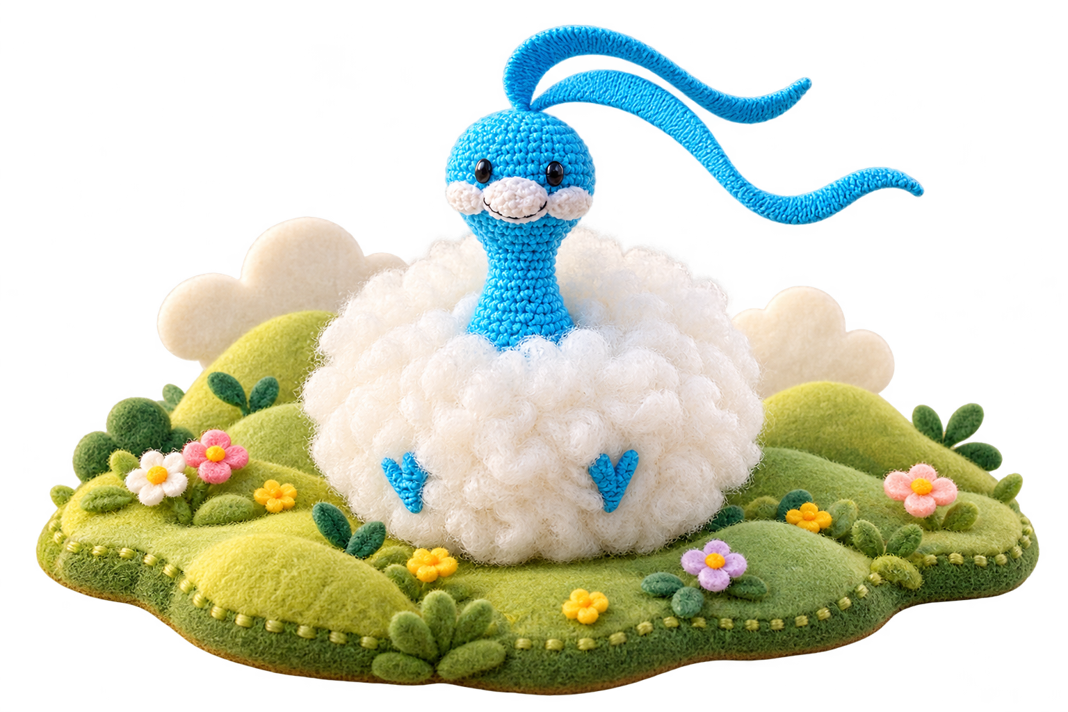 A crochet amigurumi Pokémon rises from a fluffy yarn cloud in a colorful felt meadow.
