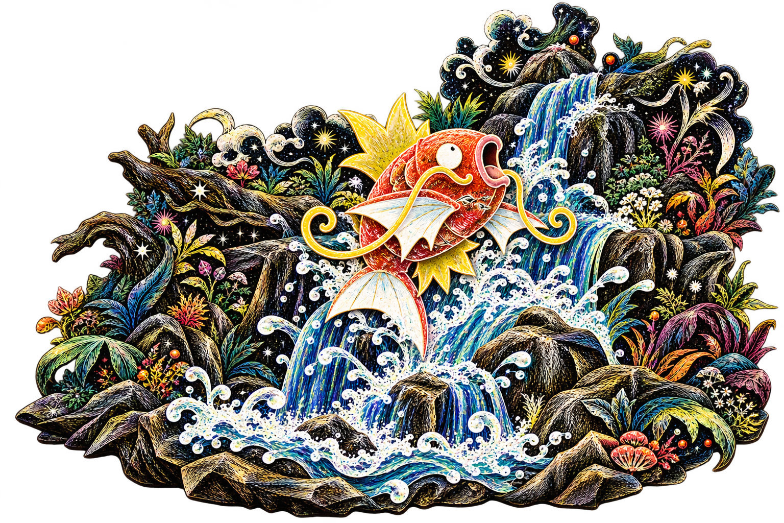 A red-orange fish Pokémon leaps through an etched blue waterfall amid dense inked foliage and starbursts.