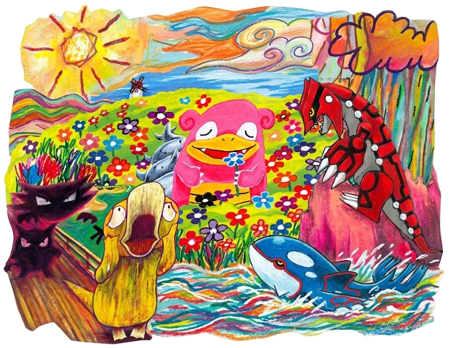 A colorful, torn-paper collage of Tomokazu Komiya’s expressive gouache Pokémon scenes, layered into a floating cutout diorama.
