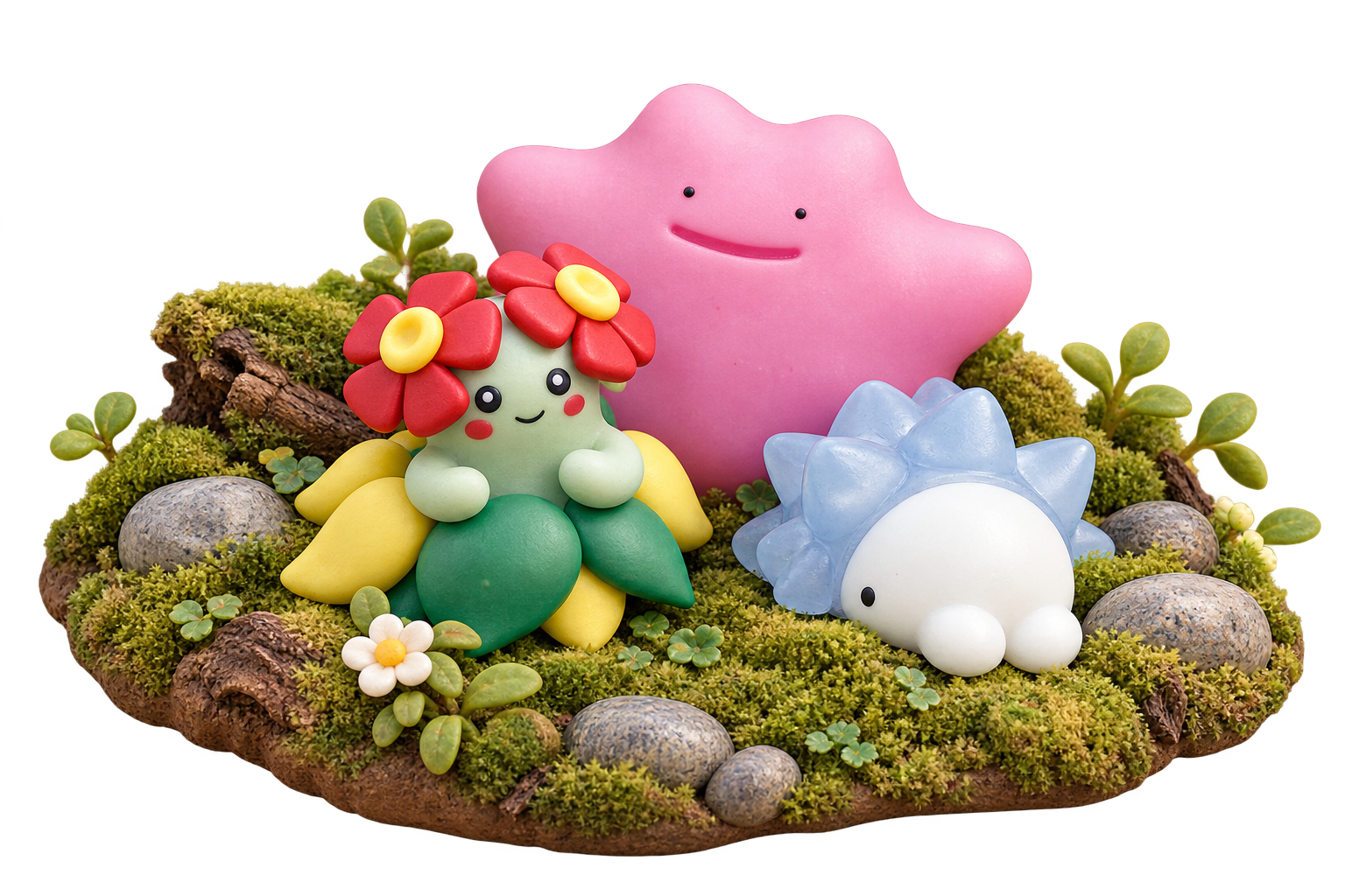 Three hand-sculpted clay Pokémon nestled in a mossy miniature garden with flowers, stones, and leaves.